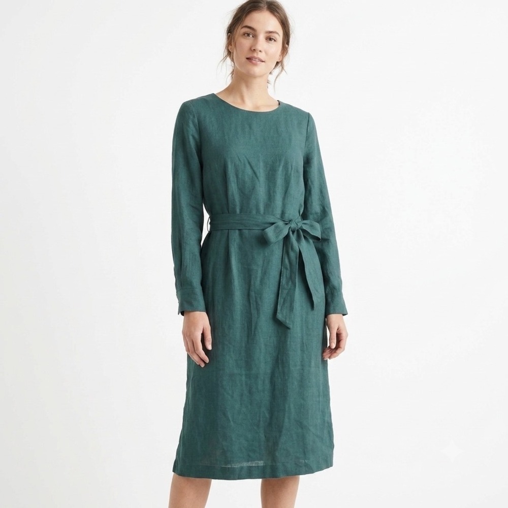 Grae Cove Linen Midi Dress Dark Green Long Sleeve Tie Waist size XS